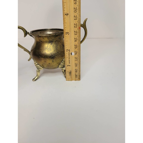 Vintage 3" Brass Silver Plated Lining Claw Feet Horn Handles Cauldron Decor - Picture 7 of 7